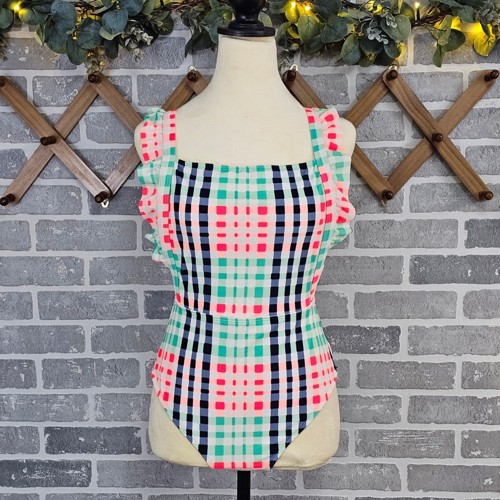 Aerie Womens Large Multicolor Plaid Gingham Ruffle One Piece Swimsuit Colorful